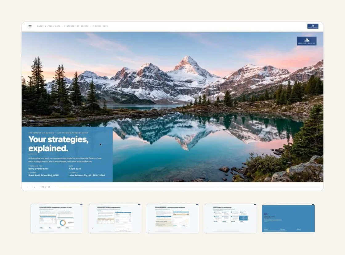 AdviceStudio: a generated advice presentation open in the editor, with a filmstrip of generated slides below.